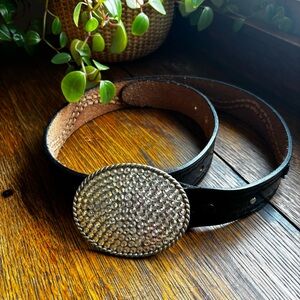 Women's Black Leather Statement Belt with Rhinestone Oval Buckle